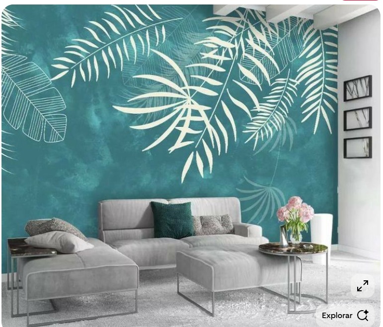 Mural a Color Palmeras Tropicales — ROBLE AZUL. Técnica: pintura tropical. Living en Uruguay.